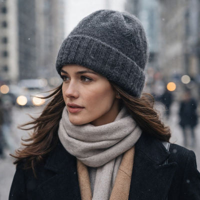 Junge Frau trägt Alpakamütze in der Großstadt