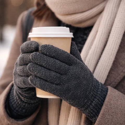 Frau hält einen Becher Kaffee mit Premium Alpakahandschuhen (anthrazit) fest.