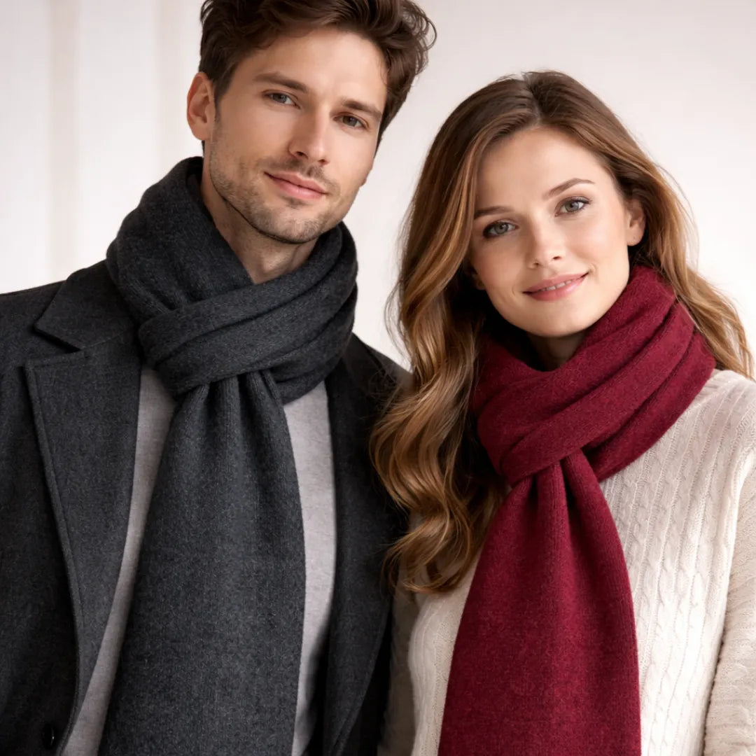 Junges Paar trägt Premium Alpakaschals in anthrazit und weinrot