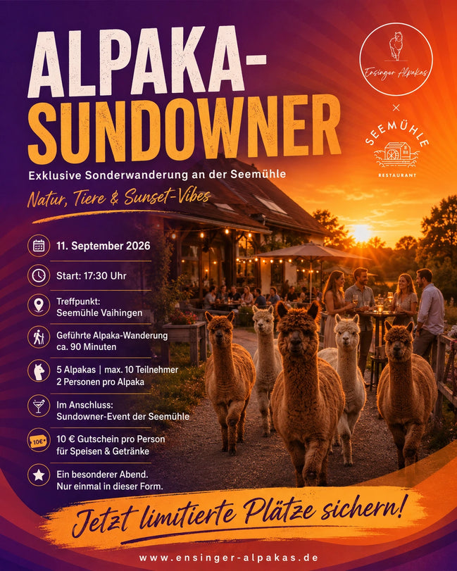 Alpakawanderung mit Einkehr in der Seemühle Vaihingen zum Sundowner-Event